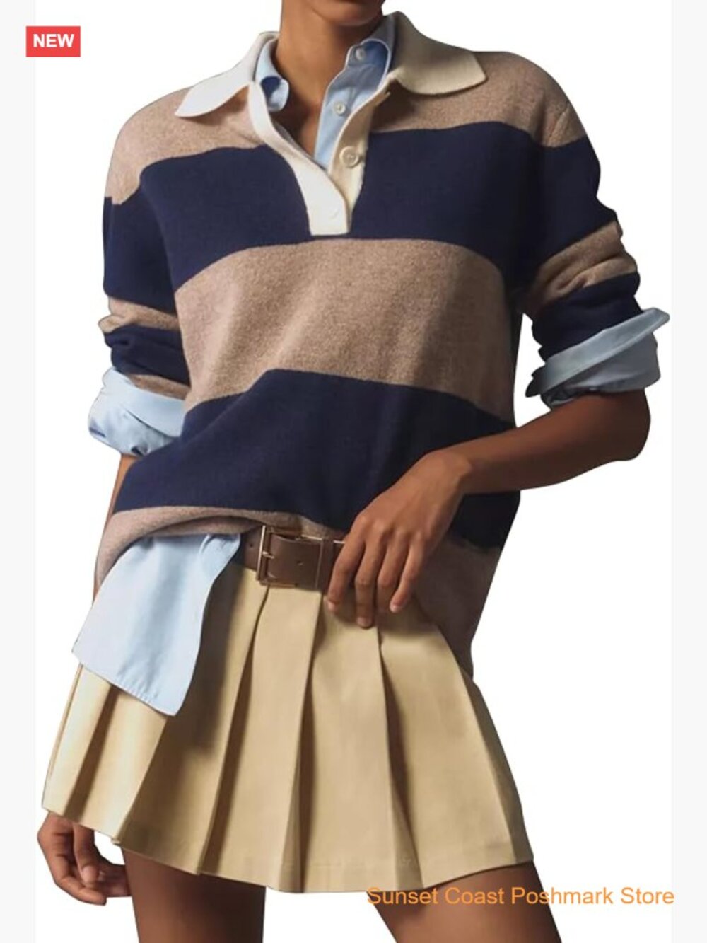 Striped V Neck Long Sleeve Pullover Sweater Polo Shirt Y2K Casual Layer Top